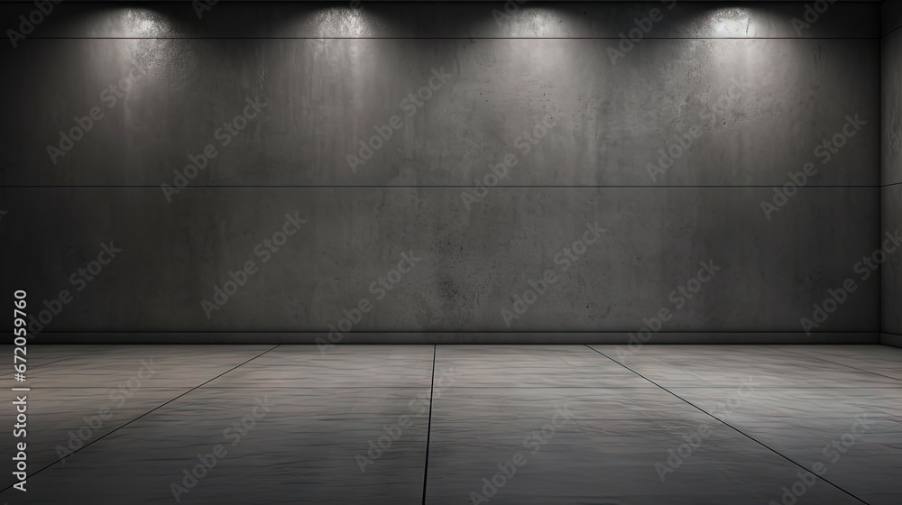 Black background with spotlight to concrete ground in studio. Dark interior background. Room with tile or cement and concrete floor. Black background with spotlight to concrete ground in studio. Dark interior background. Room with tile or cement and concrete floor.