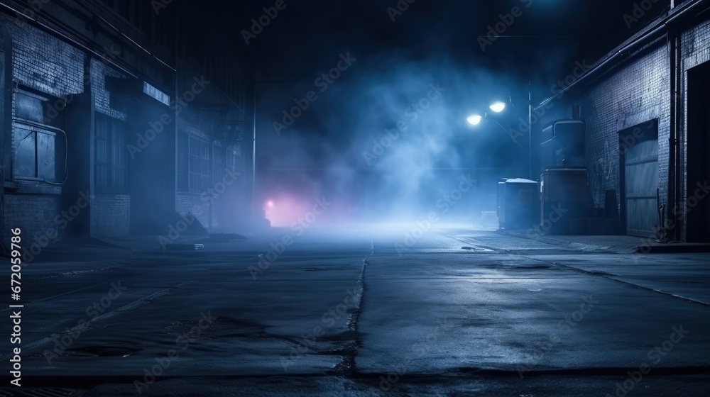 A dark empty street, dark blue background, an empty dark scene, neon light, spotlights The asphalt floor and studio room with smoke float up the interior texture. night view