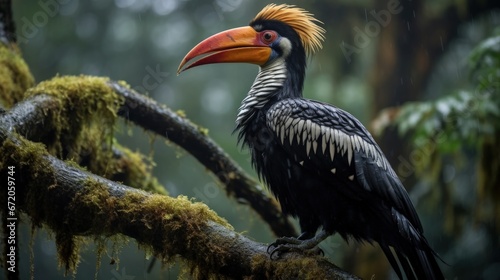 A beautiful adult male Rufous-necked hornbill (Aceros nipalensis) perched on a tree branch in a forest at Mahananda Wildlife Sanctuary, Latpanchar, Darjeeling, West Bengal, India photo