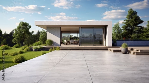 House with concrete terrace near empty grass floor. 3d rendering of green lawn in modern home.