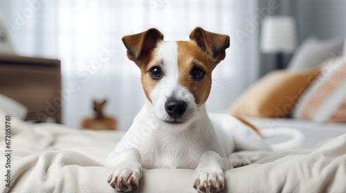 A beautiful dog Jack Russell Terrier lies on floor on a fluffy blanket on his stomach, stretches his legs forward, looks at camera. Brown eyes, black nose. Day of Dog. Pet day. Vertical, copy space. photo