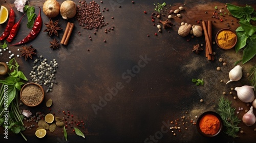 Cooking table with herbs, spices and utensils. Top view with copy space photo