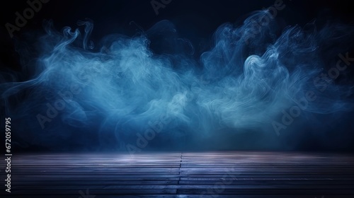 Empty dark scene blue abstract Product stage spotlights and studio room with smoke float up the interior texture for display products wall background.
