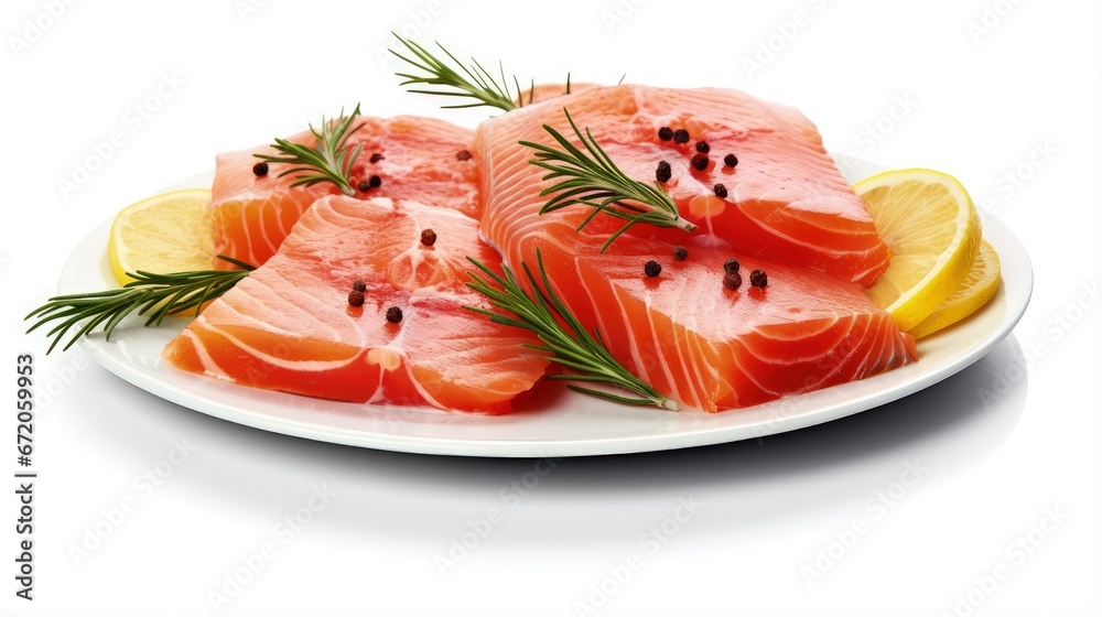 Pieces of fresh raw salmon, rosemary and lemon slices isolated on white Pieces of fresh raw salmon, rosemary and lemon slices isolated on white