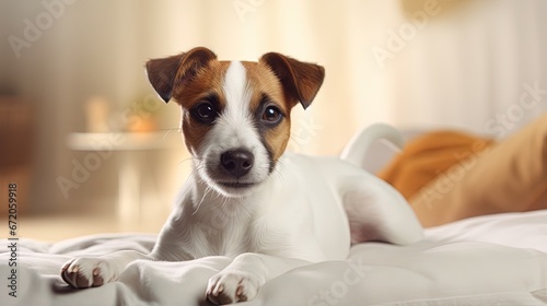 A beautiful dog Jack Russell Terrier lies on floor on a fluffy blanket on his stomach, stretches his legs forward, looks at camera. Brown eyes, black nose. Day of Dog. Pet day. Vertical, copy space. © HN Works
