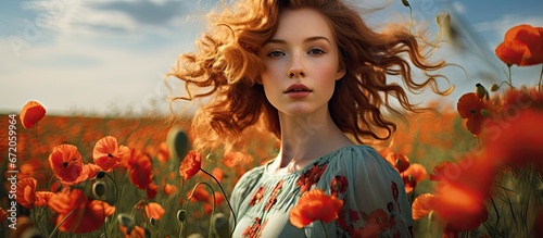 A woman with red hair in curls wearing a flowery dress stands in a field of bright red poppies #672059964