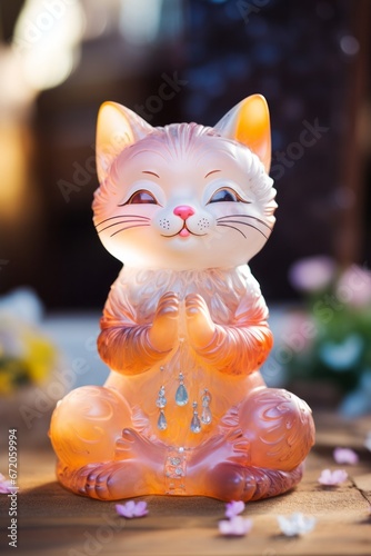 Cat meditates with its eyes closed, put hands together, glass material figure or statue