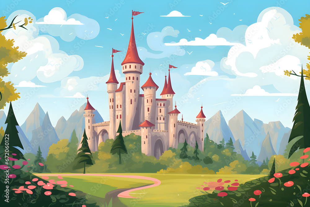 cartoon landscape illustration of fairy tale castle on hill - obrazy, fototapety, plakaty 