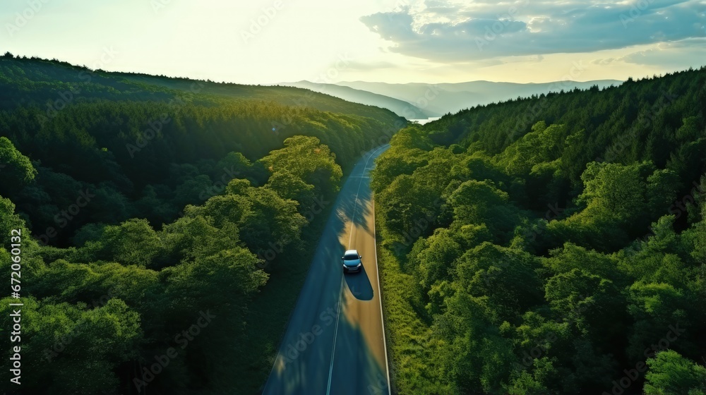 Aerial view of road in beautiful green forest at sunset in spring. Colorful landscape with car on the roadway, trees in summer. Top view from drone of highway in Croatia. View from above. Travel