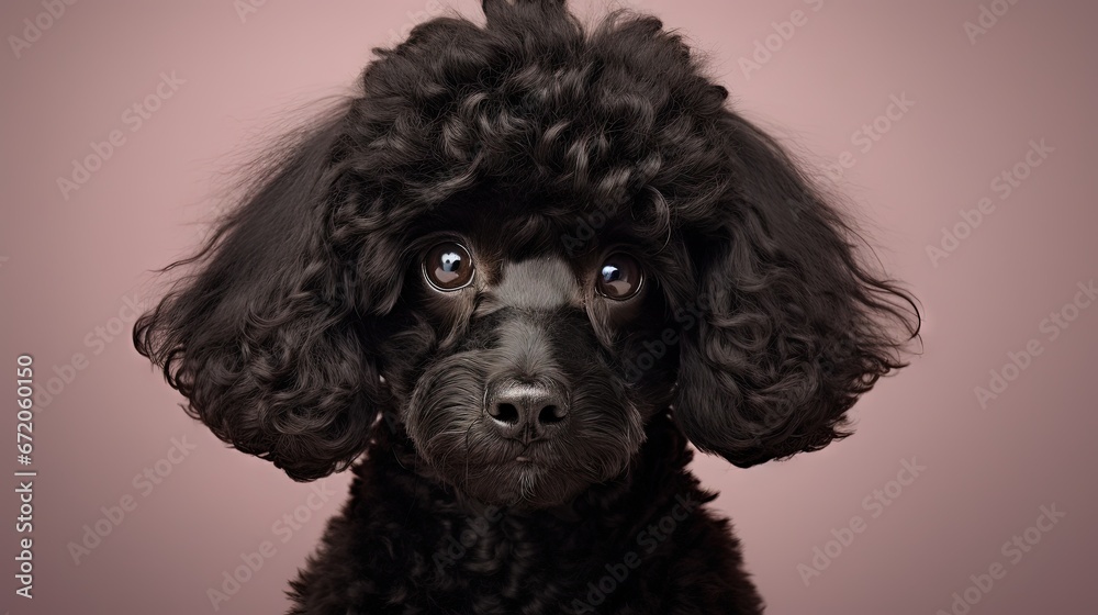 black small poodle on a beige background. curly dog in photo studio. Maltese, poodle black small poodle on a beige background. curly dog in photo studio. Maltese, poodle