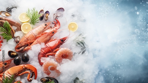 Top view of variety of fresh luxury seafood, Lobster salmon mackerel crayfish prawn octopus mussel and scallop, on ice background with icy smoke in seafood market. Photo With Copy space. photo