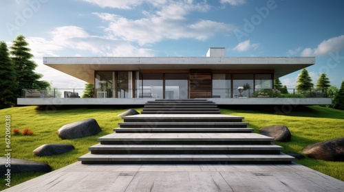 House with concrete terrace near empty grass floor. 3d rendering of green lawn in modern home. © HN Works