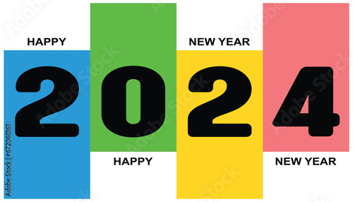 Happy New Year 2024 celebration design with a combination of bright and attractive colors. Suitable for greeting card designs and New Year banner designs