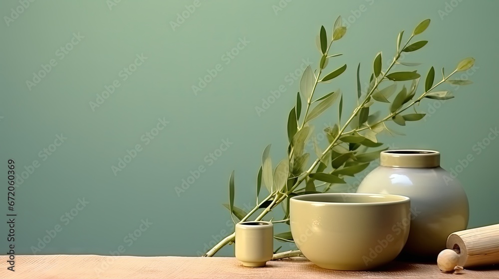 Bowl, bottles of eucalyptus essential oil, mortar, bunch of fresh eucalyptus branches on green background. Natual organic ingredients for cosmetics, skin care, body treatment. - obrazy, fototapety, plakaty 