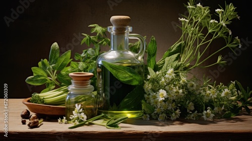 Fresh herbs and medical oil bottle