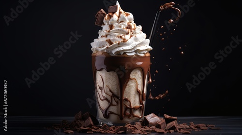 Chocolate milkshake with whipped cream with pieces of chocolate, grey and black background