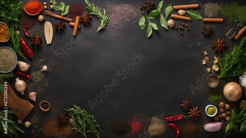 Cooking table with herbs, spices and utensils. Top view with copy space