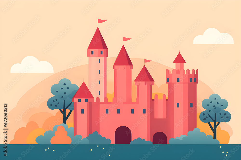 pink simple cartoon fairy tale castle landscape on beige background