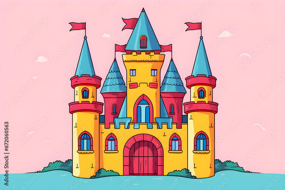 colourful cartoon fairy tale castle on pink background