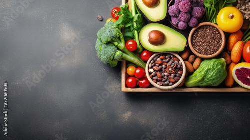 Fresh vegetables and fruits, seeds, cereals, beans, spices, superfoods, herbs, condiment in wooden box for vegan, allergy-friendly, clean eating and raw diet. Grey concrete background and top view