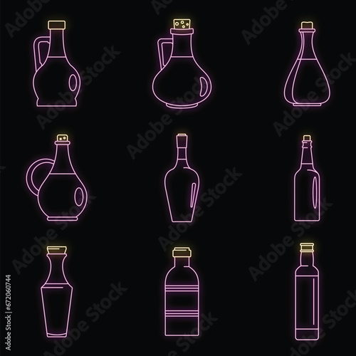 Vinegar bottle icons set. Outline illustration of 9 vinegar bottle icons neon color on black