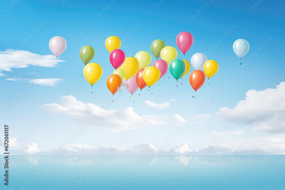 A joyous and celebratory background image, featuring colorful balloons soaring high against a bright blue sky, evoking a sense of excitement and happiness. Photorealistic illustration