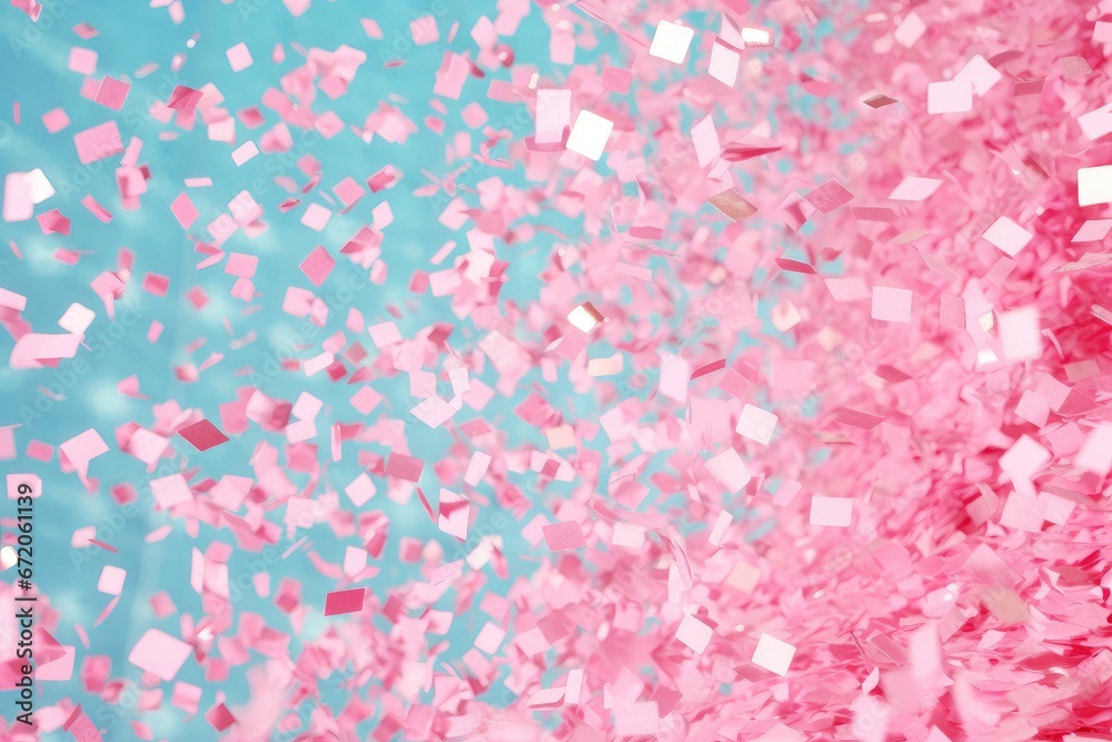 A lively and visually pleasing background image for creative content, capturing pink confetti falling in a close-up view against a light blue background. Photorealistic illustration