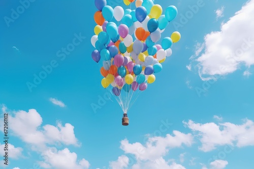 A charming background image  illustrating balloons tied to a basket as they gently drift away against a picturesque blue sky  evoking a sense of adventure and wonder. Photorealistic illustration