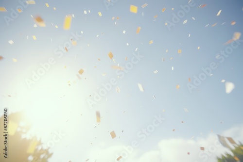 A dynamic and festive background image for creative content, featuring square confetti falling in a close-up view with the background gently blurred. Photorealistic illustration