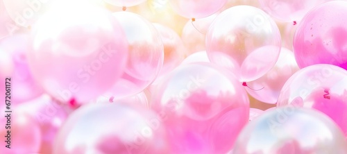 A wide-format background image for creative content, showcasing a close-up view of pink balloons, creating a visually engaging and delightful composition. Photorealistic illustration