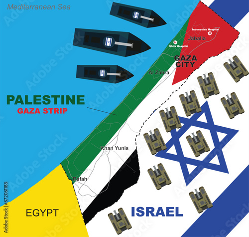 vector map of gaza strip and israel showing israeli army with tanks and battleships ready for attack