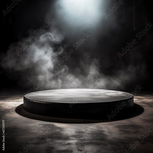 *Gray textured concrete platform, podium or table with smoke in the dark. Made with generative ai. 