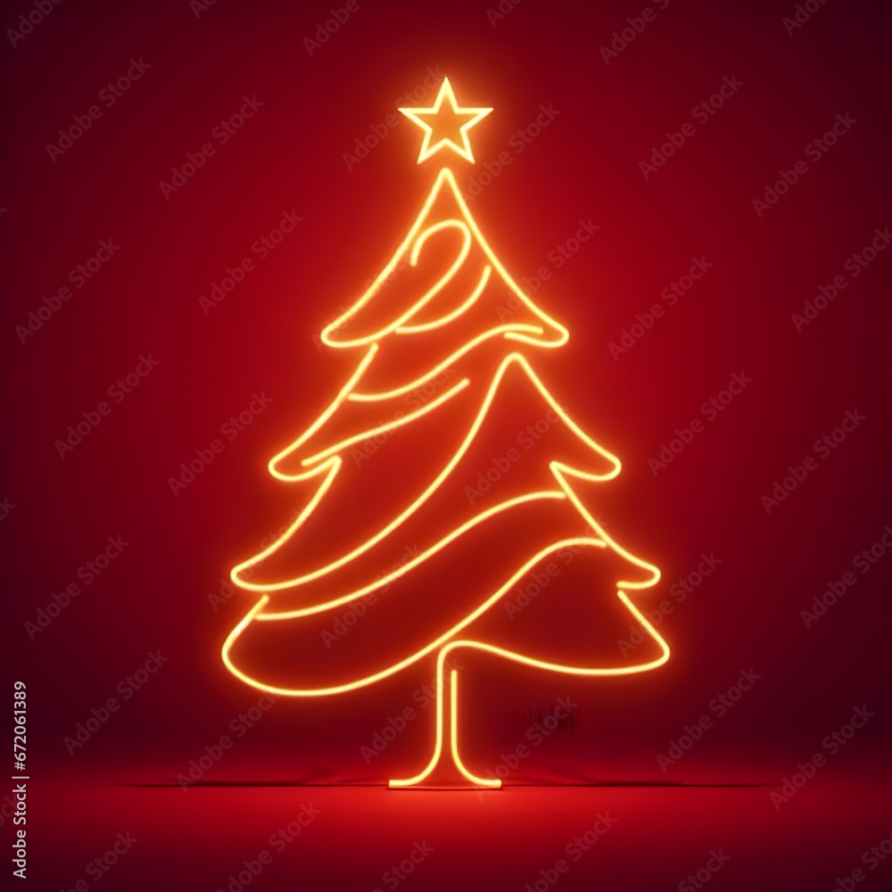 Christmas tree gold neon lines with a star on red background Christmas tree gold neon lines with a star on red background