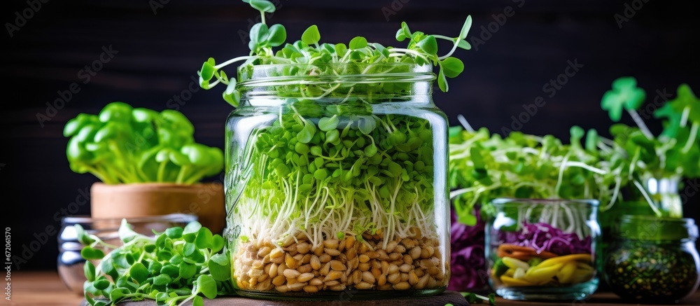 On the dining surface there are tiny greens grains and sprouted pea shoots These are all natural and organic vegetation intended for creating salads and promoting a nutritious food concept On the dining surface there are tiny greens grains and sprouted pea shoots These are all natural and organic vegetation intended for creating salads and promoting a nutritious food concept