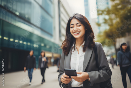 Young busy happy Asian business woman office professional holding cell phone in hands walking on big city urban street making corporate business call, talking on the cellular phone. Authentic shot