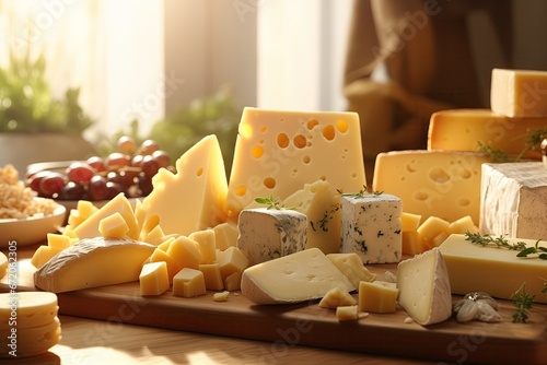 Different sorts of cheese on wooden table. Generative ai art. Close up view. Big cheese selection. Various kind and traditional pieces of french and italy hand-made cheese.