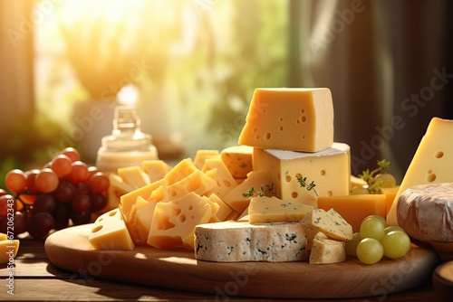 Different sorts of cheese on wooden table. Generative ai art. Close up view. Big cheese selection. Various kind and traditional pieces of french and italy hand-made cheese.