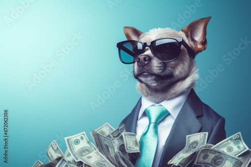 Cool rich successful hipster dog wearing suit with sunglasses with cash money. Blue background photo