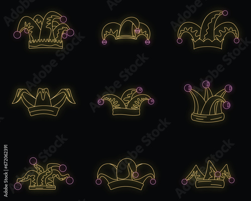 Jester fools hat icons set. Outline illustration of 9 Jester fools hat vector icons neon color on black