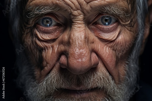 The performance of body aging shall be marked with wrinkles, spots. Blue eyes of senior old man photo