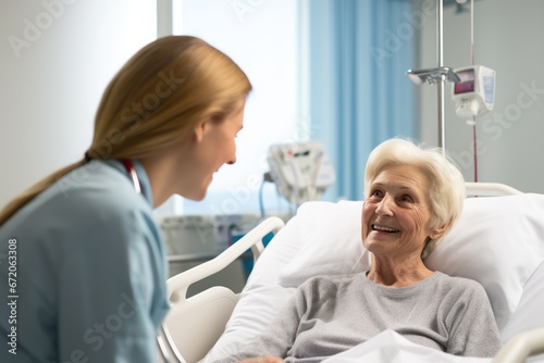 Friendly nurse doctor supporting an elderly lady. Helpful volunteer at healthcare home. Happy senior woman with friendly caregiver taking care of her patient, showing kindness while doing a checkup. © radekcho