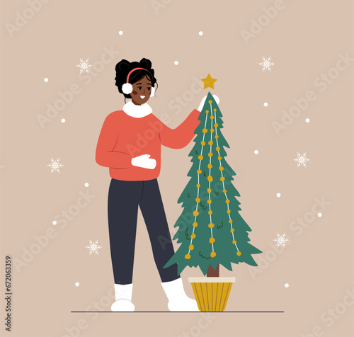Woman standing next to Christmas tree. African smiling girl preparing for winter holidays. People decorate Christmas fir. New Year postcard. Vector illustration in flat cartoon style.
