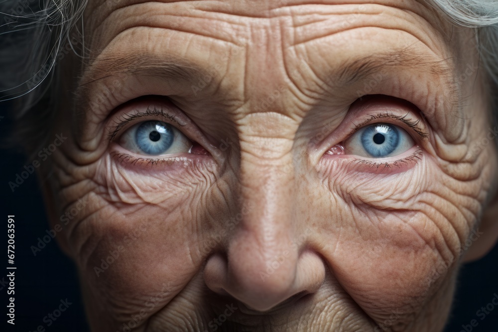 The performance of body aging shall be marked with wrinkles, spots. Blue eyes of senior old lady The performance of body aging shall be marked with wrinkles, spots. Blue eyes of senior old lady