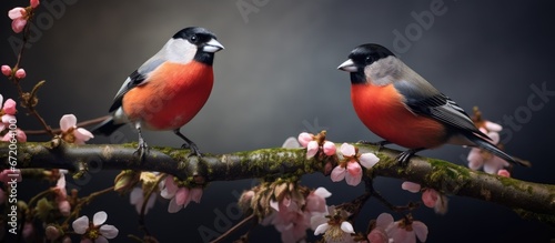 A pair of bullfinches nourishing themselves within the bushes