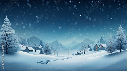 Snowy Christmas tree with garland lights on festive widescreen background