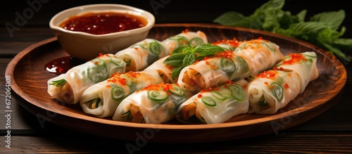 Delicious menu featuring vegetable spring rolls prepared in the Vietnamese style served on a ceramic plate accompanied by sweet chili sauce and presented on a wooden table