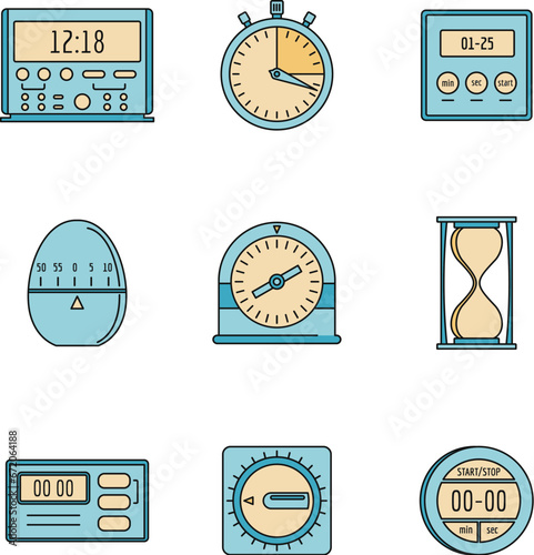 Kitchen timer icons set. Outline illustration of 9 kitchen timer icons thin line color flat on white