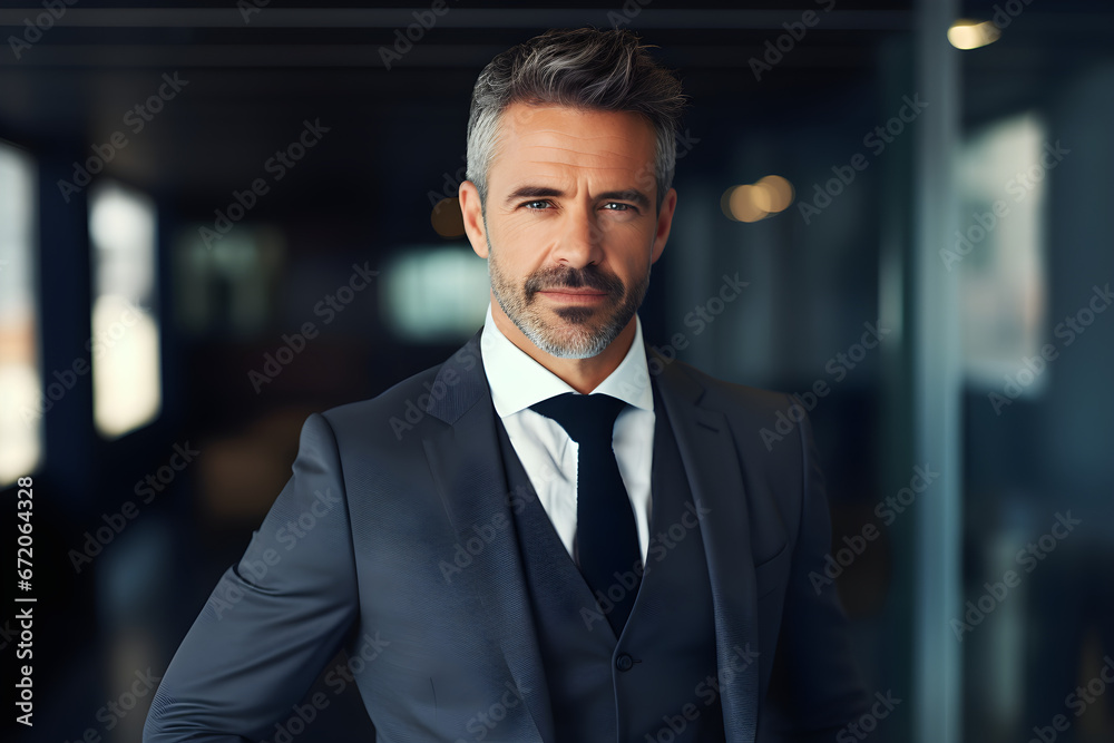 Happy handsome proud stylish mid aged mature professional business man ceo, successful confident smiling good looking male executive wearing suit standing in office looking at camera