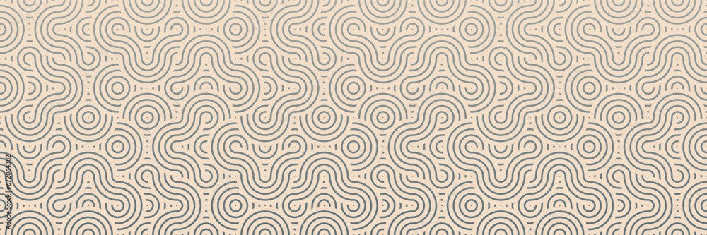 Abstract swirl pattern background. Seamless wavy line texture and concentric circles design. Modern vintage retro ornament for fabric, textile, and wallpaper.