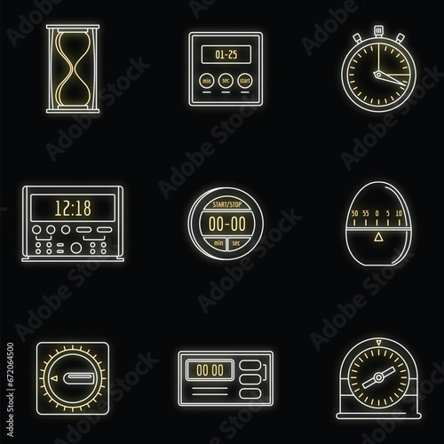 Kitchen timer icons set. Outline illustration of 9 kitchen timer icons neon color on black